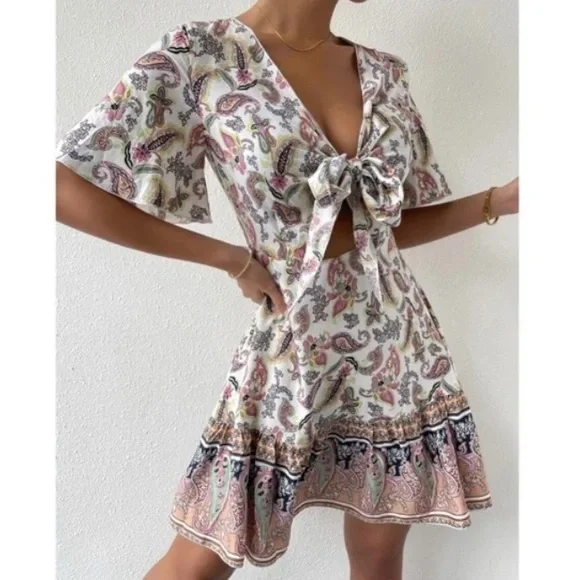 Boho navy Floral Paisley Print Butterfly Sleeve Mini Dress - Picture 8 of 12
